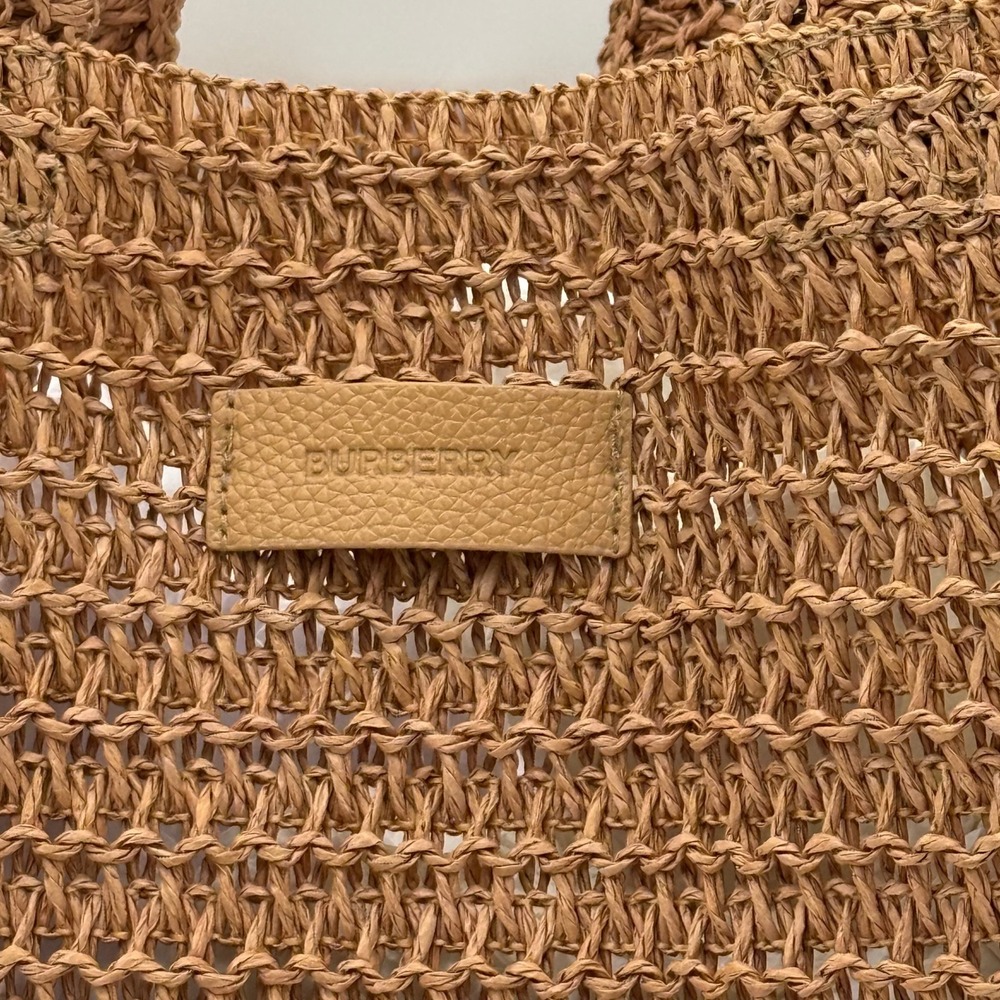 Burberry Woven Raffia Tote Bag Brown Tan Leather Logo Patch Shopper Beach Bag - Picture 2 of 9